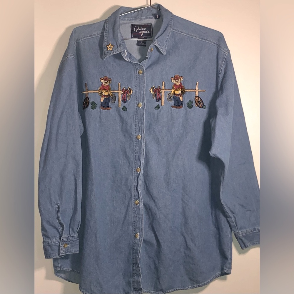 Vintage Denim Quizz Again Button Down Shirt with Embroidered Cowboy Bears